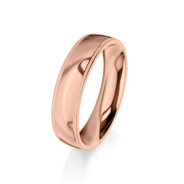 A polished rose gold band ring with a smooth center and subtle milgrain edges on a white background.