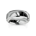 A shiny, wide, silver metal ring with a smooth, polished surface and a reflective finish.