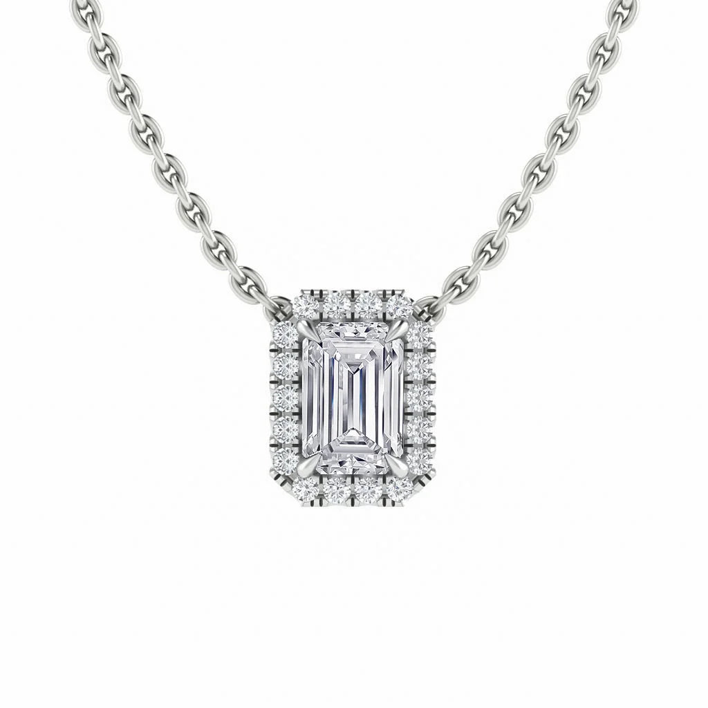 Silver chain necklace with a rectangular emerald-cut diamond pendant surrounded by smaller diamonds.