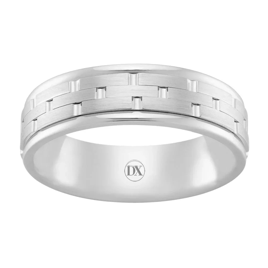 A mens silver ring with a brushed, geometric pattern and a DX logo engraved inside the band.
