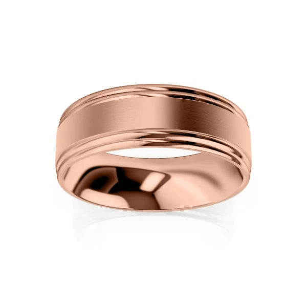 A rose gold wedding band with a brushed center and polished, beveled edges on a white background.