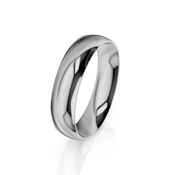 A shiny, polished silver or platinum wedding band with a simple, smooth, and rounded design on a white background.