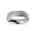A silver band ring with a matte, textured center and polished, shiny edges on a white background.