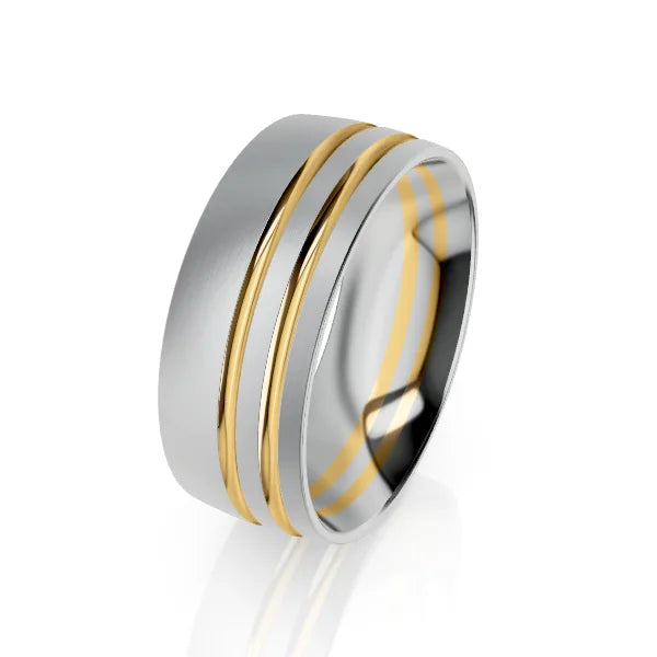 Wide silver ring with two parallel gold bands running around its center, displayed on a white background.