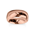 A wide, polished rose gold ring with a smooth, rounded surface set against a white background.
