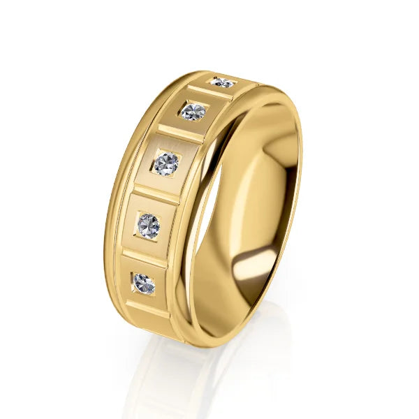Gold ring with five embedded round diamonds in a rectangular pattern, shown on a white background.