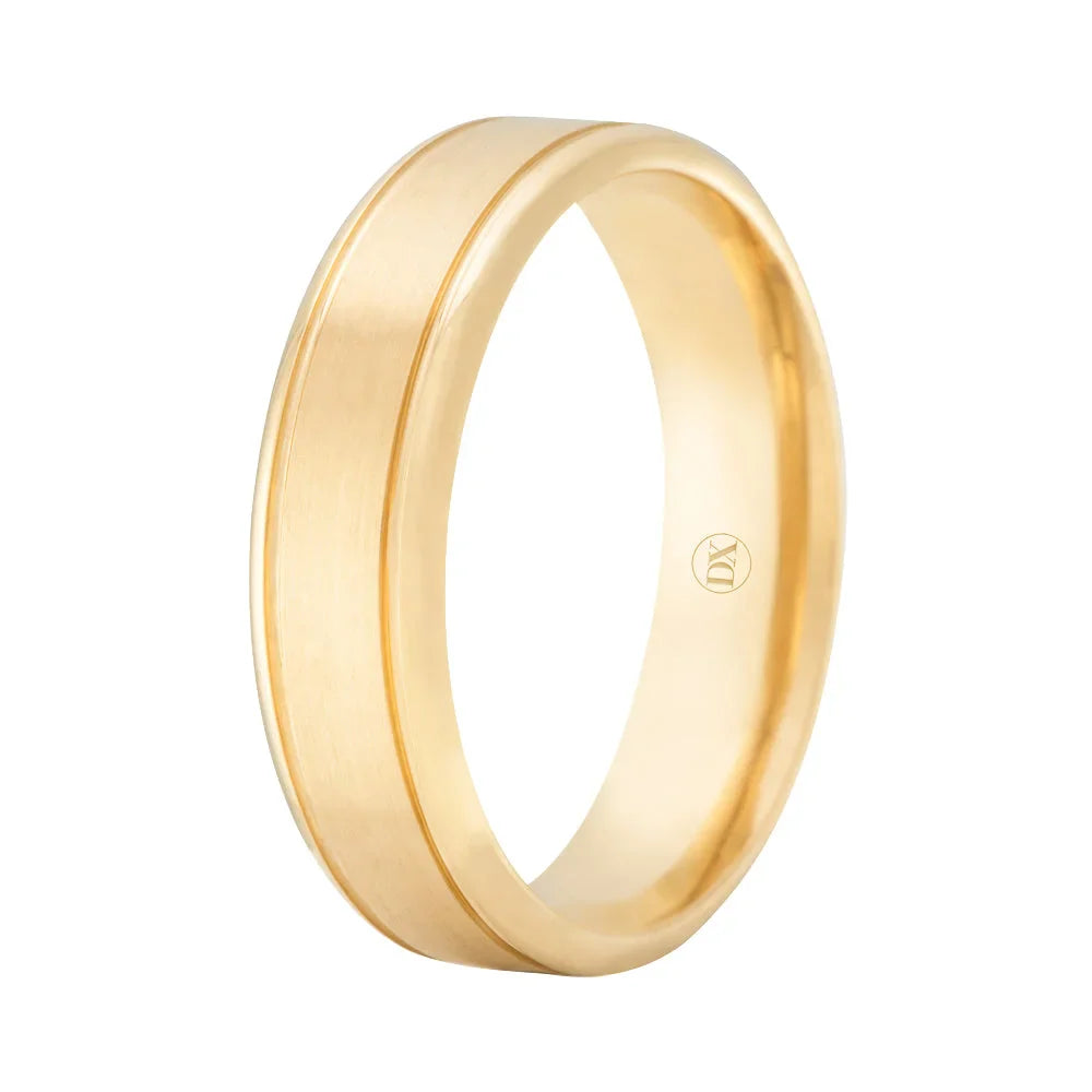 A simple gold ring with a matte finish and a single engraved line around the band, shown on a white background.