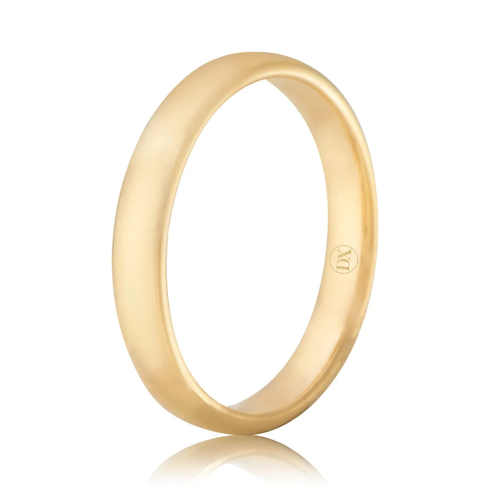 A plain, polished gold band ring with a smooth finish, shown on a white background.