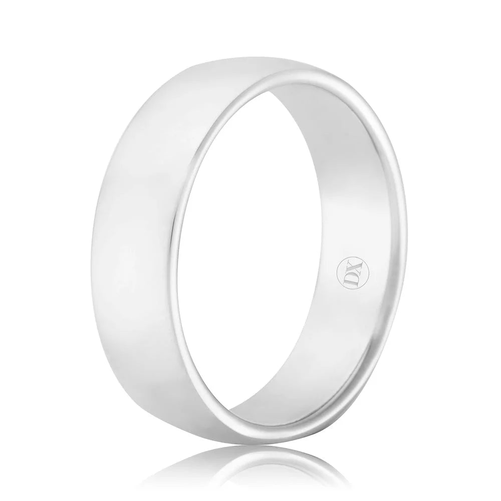 A plain, polished silver ring with a smooth surface and a small engraved symbol on the inner band.