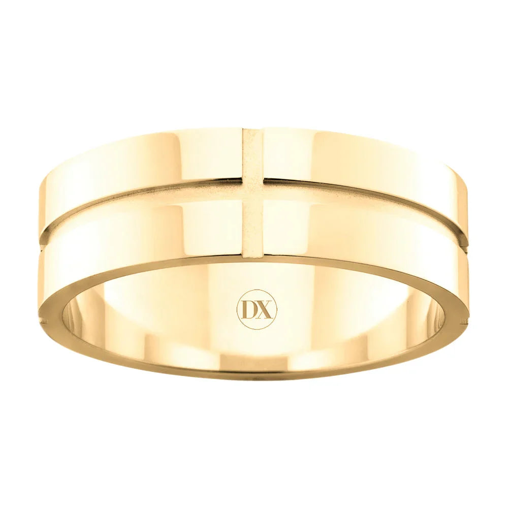 Gold band ring with a cross design on top and DX engraved inside, shown on a white background.