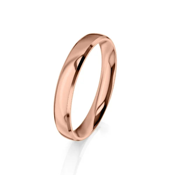 A simple, polished rose gold band ring shown on a white background, reflecting light softly.