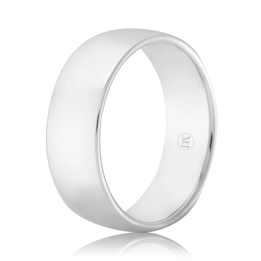 A plain, polished silver ring with a smooth surface and a subtle engraved logo on the inside.