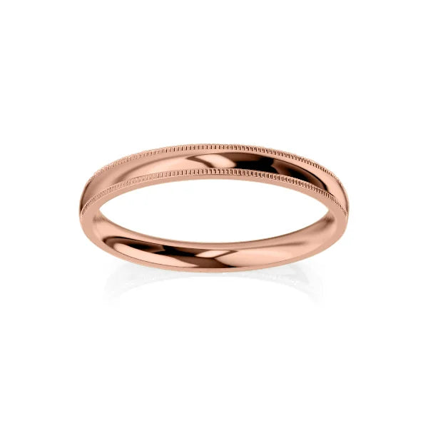 A simple rose gold ring with a polished finish and a subtle milgrain edge, shown on a white background.