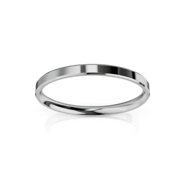 A thin, polished silver ring with a simple, smooth band, displayed on a white background.
