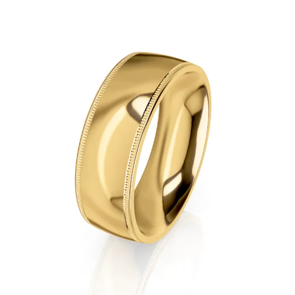 A polished gold ring with a smooth surface and subtle milgrain edges, set against a white background.