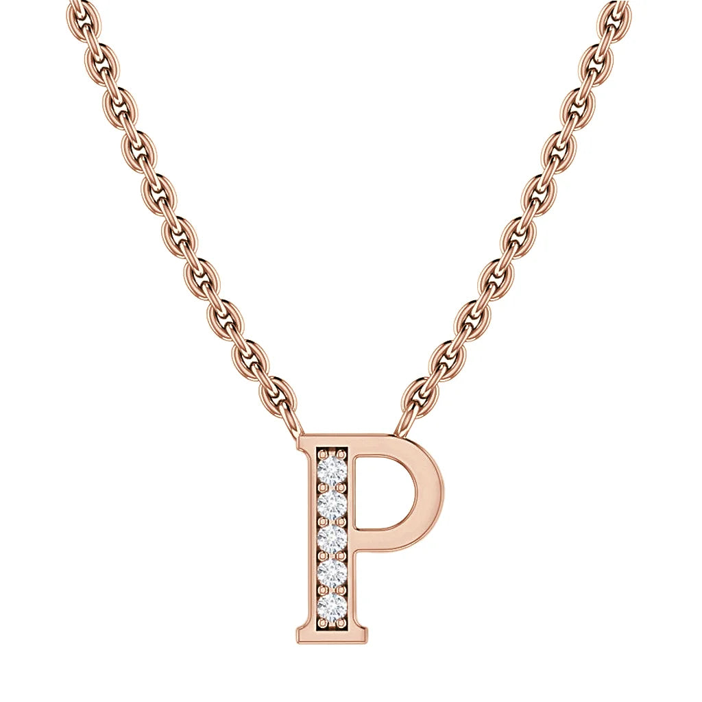 Rose gold chain necklace with a letter P pendant, half encrusted with small clear gemstones.