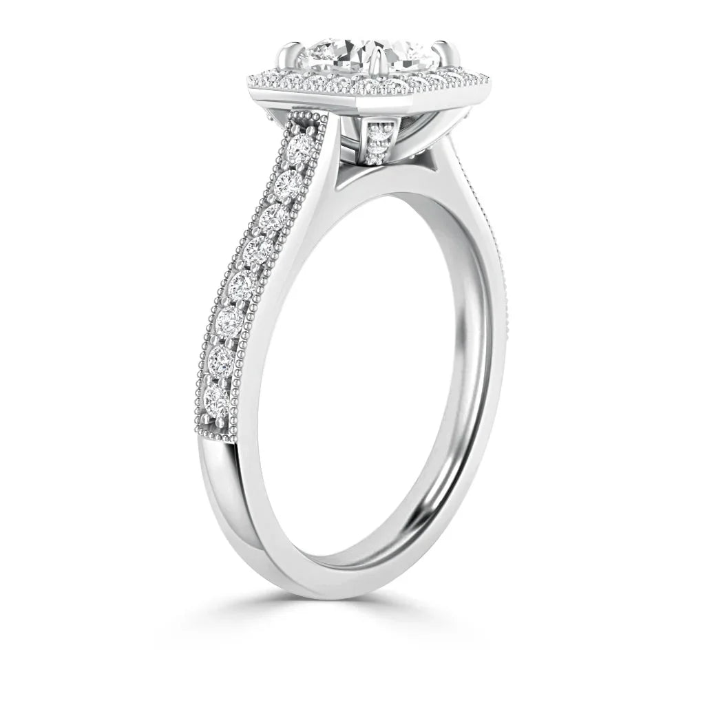 Side view of a white gold ring with a round center diamond and smaller diamonds along the band.