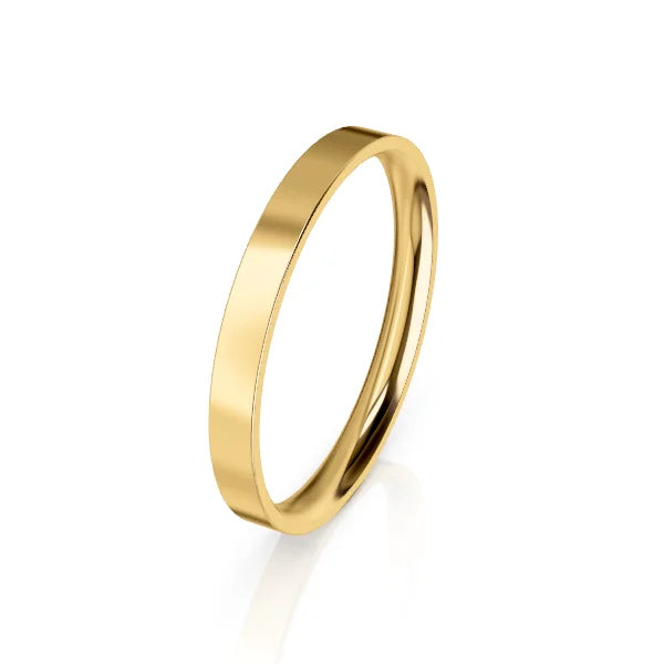 A thin, polished yellow gold ring with a flat edge, photographed on a white background.