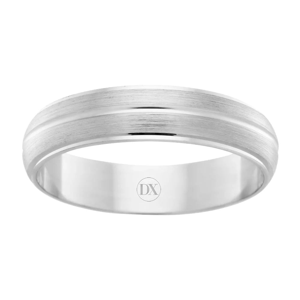 Simple silver band ring with a subtle grooved center detail and brushed finish; initials DX inside.