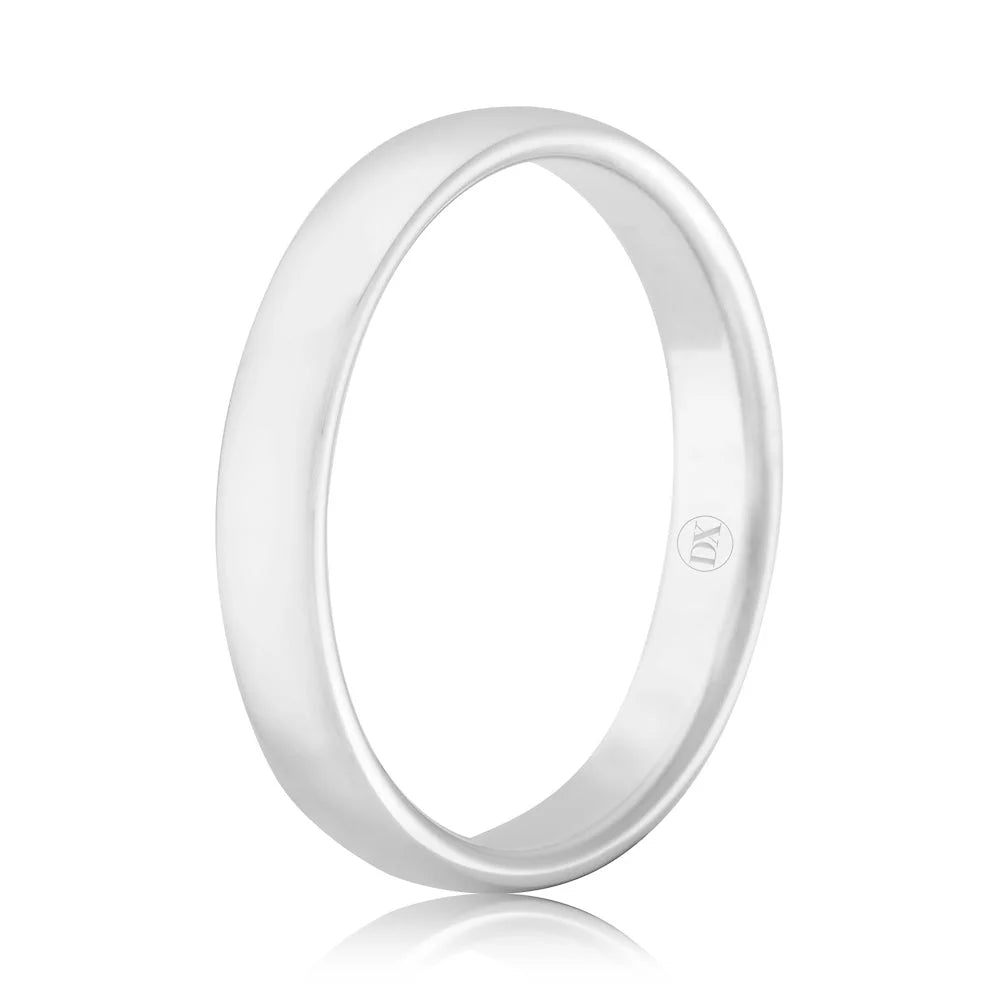 A simple, polished silver band ring with a smooth surface and a small engraved logo inside.