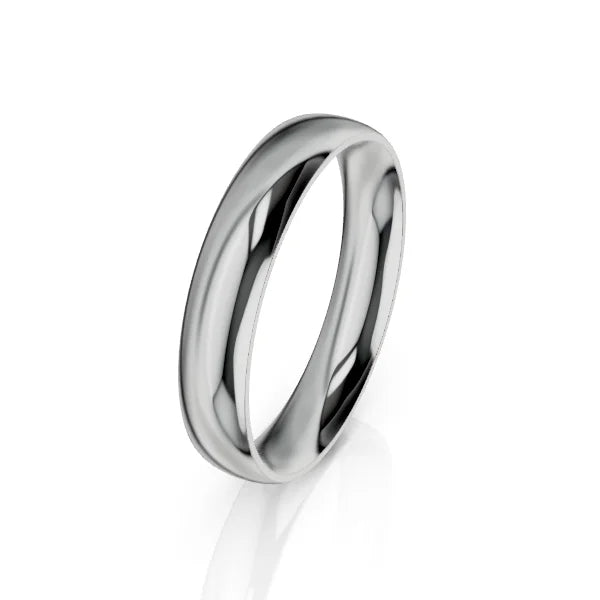 A simple, polished silver band ring standing upright on a white background, reflecting light.