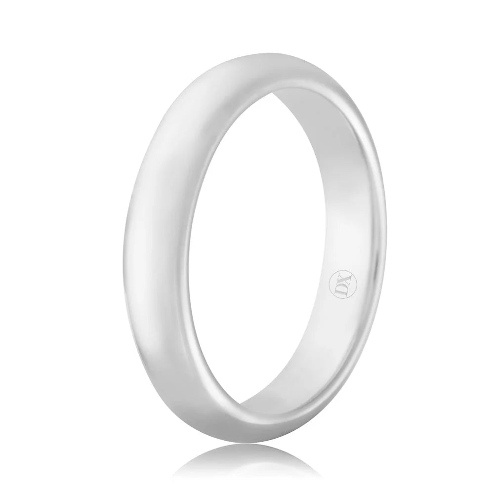 A plain, polished silver band ring with a smooth surface, photographed on a white background.