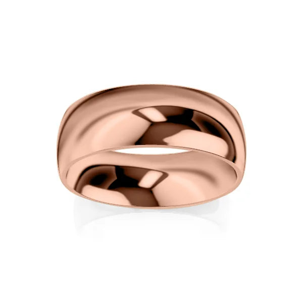 A wide, polished rose gold ring with a smooth, reflective surface on a white background.