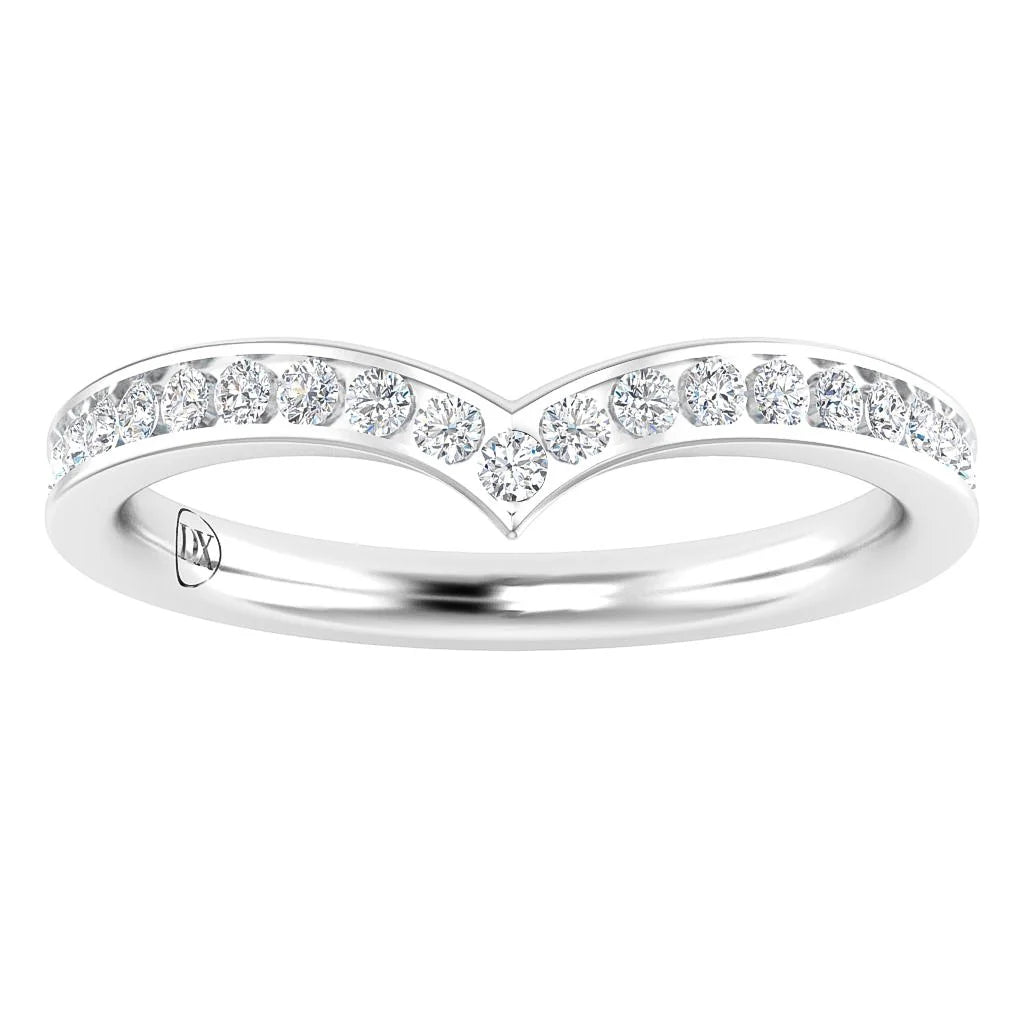 White gold chevron ring with round diamonds set along the top in a curved, V-shaped band.