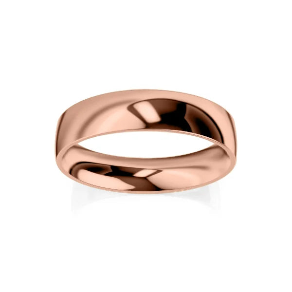 A simple, polished rose gold band ring with a smooth, rounded surface shown on a white background.