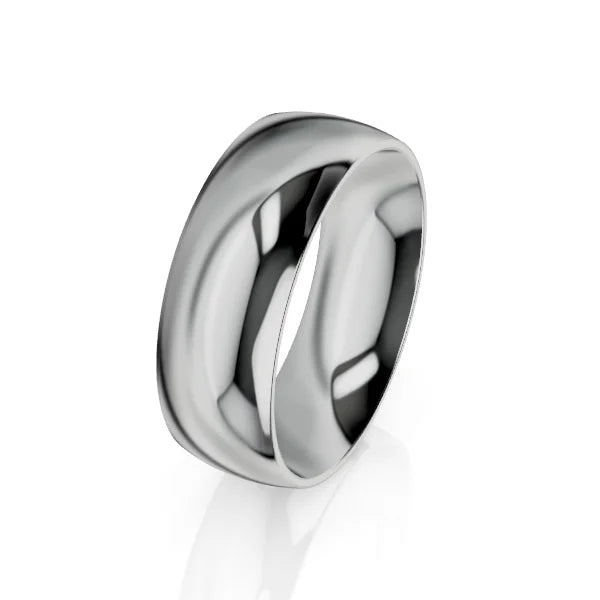 A shiny, wide, silver metal band ring is shown on a plain white background.