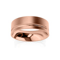 A rose gold wedding band with a matte finish and a single polished groove near the edge, on a white background.