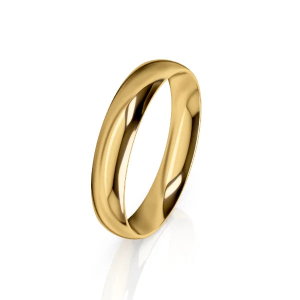 Shiny, plain gold wedding band with a smooth, slightly rounded surface, displayed on a white background.