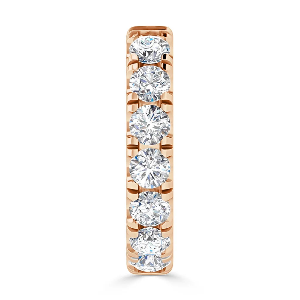 Rose gold band with seven round white diamonds set in a vertical row, viewed from the front.