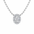 Silver chain necklace with an oval-shaped diamond pendant surrounded by smaller diamonds, on a white background.