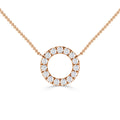 Rose gold necklace with a circular pendant encrusted with small sparkling diamonds on a fine chain.