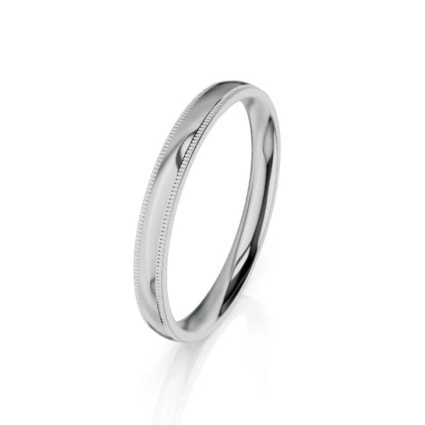A simple, polished silver ring with a thin, beaded edge detail against a white background.