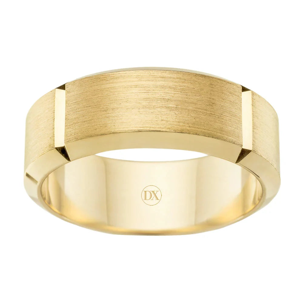 Matte gold ring with beveled edges, inner engraving “DX,” displayed on a white background.