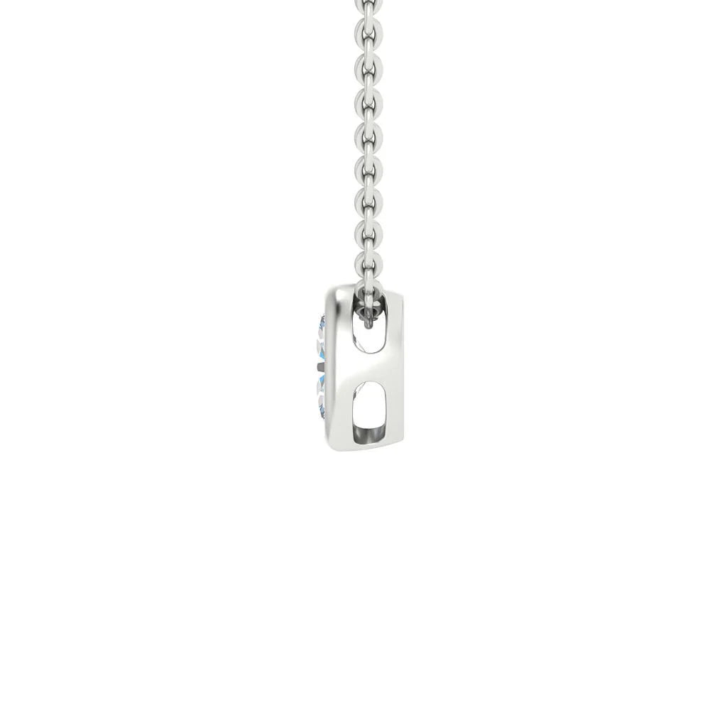 A silver chain necklace with a rectangular pendant holding a round gemstone, viewed from the side.