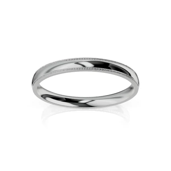 Simple silver ring with a smooth surface and a delicate milgrain edge, shown on a white background.