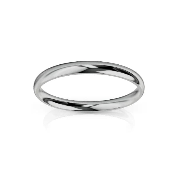 A plain, polished silver or platinum wedding band with a smooth, rounded surface on a white background.