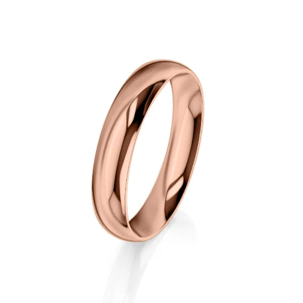 A plain, polished rose gold band ring standing upright on a white background with a reflective surface.