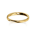 A simple, shiny gold wedding band ring is shown on a white background with a subtle reflection below.