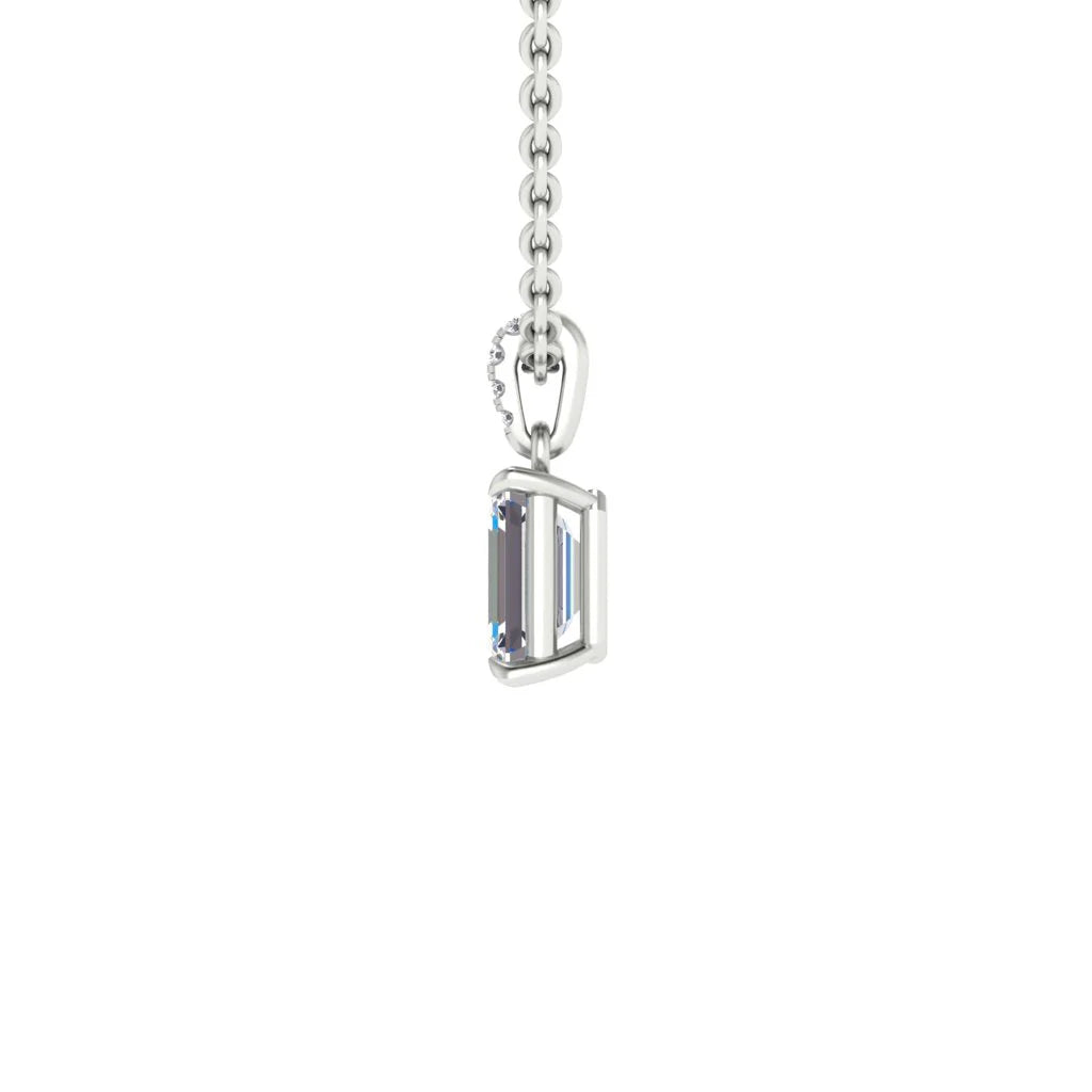A silver chain necklace with a rectangular, clear gemstone pendant shown from a side profile on a white background.