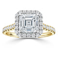 Gold ring with an Asscher-cut diamond center, diamond halo, and diamond-accented band on white background.