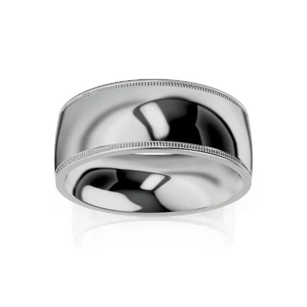 Wide, polished silver ring with subtle milgrain detailing along both edges, shown on a white background.