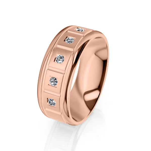 Rose gold ring with a wide band, set with five small round diamonds in rectangular settings.