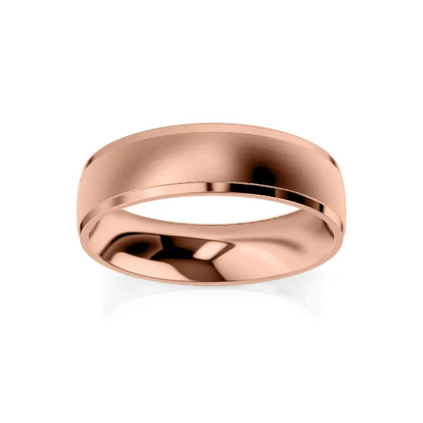 A plain, polished rose gold wedding band with a smooth, slightly rounded surface on a white background.