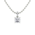 A silver chain necklace with a square-cut diamond pendant and small round diamonds above the main stone.
