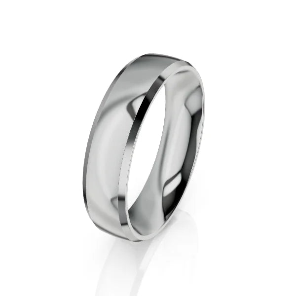 A shiny, polished silver ring with a smooth, rounded band on a white background.