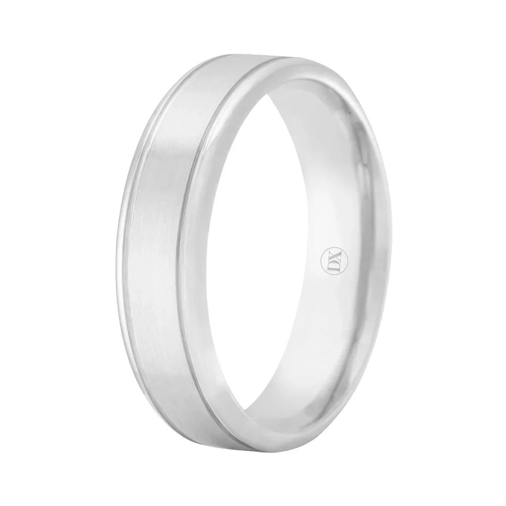 A silver wedding band with a matte finish and a subtle groove near one edge, shown on a white background.
